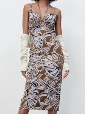Zara Jacquard Brown Tropical Print Halter O-Ring Midi Dress M Resort Euro Summer